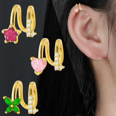 THANU'S CRAFT 18K Gold Plated Anti Tarnish Stone Left Ear Cuff Without Piercing Stud Earring Crystal Metal Cuff Earring