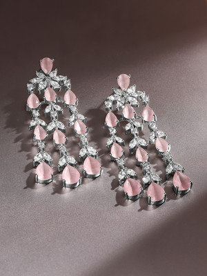 RUBANS Rubans Rhodium-Plated Blush Pink & White Cubic Zirconia Cascading Chandelier Brass Drops & Danglers