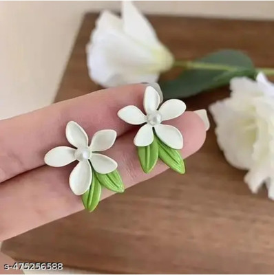 RISHASTYLE Green and white flower leaf motive earrings Zircon Alloy Stud Earring