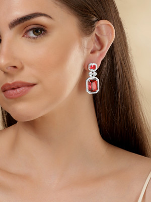 RUBANS Rubans Rhodium-Plated CZ Studded Geometric Drop Earrings Brass Drops & Danglers