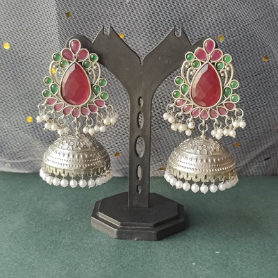 AKINOM Light Pink Oxidized Silver Jhumka Earrings Beads Alloy Jhumki Earring
