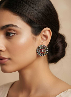 Anj oxidized silver plated jewellery Crystal, Pearl German Silver Stud Earring