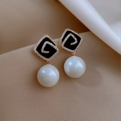 BlueShine Korean Earring For Women Girls Beautiful Black Rectangle With Pearl WeddingParty Pearl Alloy Stud Earring, Drops & Danglers