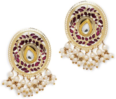 fabula Purple Magenta Meenakari Stud Earrings Kundan & Pearls Studded in Oval Shape Beads, Crystal Alloy Stud Earring