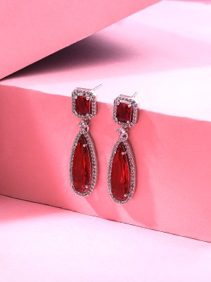 YELLOW CHIMES American Diamond Drop Silver Tone Red AD Stone Drop Earrings Crystal Metal Drops & Danglers