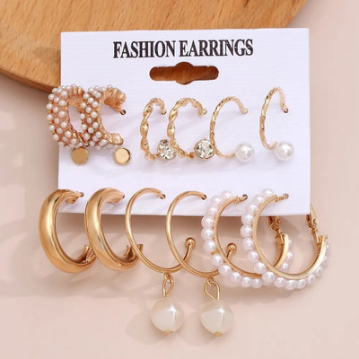 Onuyx Onuyx Korean Combo of 9 Pair Stunning Gold Plated Earrings for Women & Girls Zircon, Pearl Alloy Stud Earring, Hoop Earring