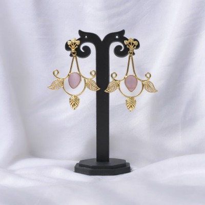 JHUMKARANI Leaf Shape Earrings 18k Gold Plated with Monalisa Stone Brass Jhumki Earring