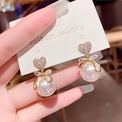 APSLERRY APSLERRY Korean Bow Pearl Mermaid Pearl Crystal Heart Shape Earring Alloy Stud Earring