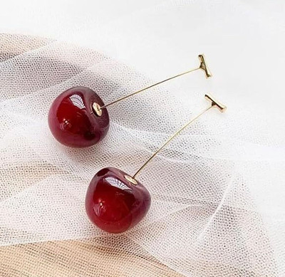 Divaart Cherry Earrings – Korean Aesthetic Dangle Earrings for Women & Girls Cubic Zirconia Metal Drops & Danglers