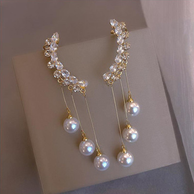 TVI Korean Studded Ear Cuff Pearl Tassel Drop Earrings For Women/Girls Cubic Zirconia Alloy Drops & Danglers