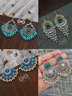 SR Sarthak Royal Pack of 4 Oxidised Silver Meenakari Hoop Earrings For women and girls Beads Alloy Earring Set, Chandbali Earring, Jhumki Earring