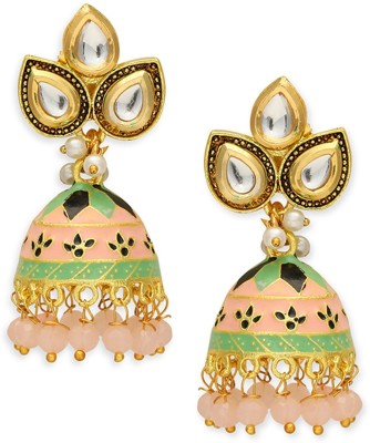 Oomph Peach Pink & Mint Green Meenakari Kundan & Pearls Ethnic Jhumka Beads, Crystal Alloy Jhumki Earring