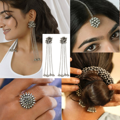 Ashir Combo of 4 Jhumki Earrings Mang tikka Ring Cuff Bracelet for Women and Girls Alloy Earring Set