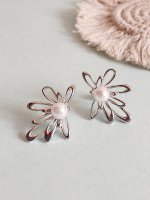 OCTAGON HUB Minimalist Half Flower Stud Earrings Flower shape Earrings with Pearl for Women Brass Stud Earring