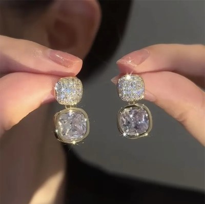 neze NZ 17 Korean Luxury Classic Geometric White Crystal Zircon Square Earrings Gold Alloy Drops & Danglers