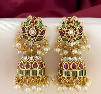 PBM CREATIONS GOLD PLATED AD STONE WEDDING JHUMKI / PEARL STUD / KUNDAN BEADS EARRING Copper Drops & Danglers, Jhumki Earring