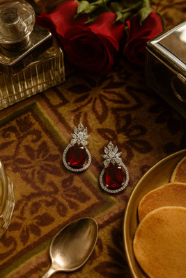 Chothy Stylish Royal Princess Stone with Marquise Cut CZ Floral Studs Dangler Earrings Brass Clip-on Earring