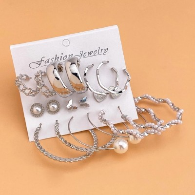 Vembley Combo of 9 Pair Silver-Plated Beautiful Heart Stud & Chain Pearl Hoop Earrings Alloy Stud Earring, Hoop Earring