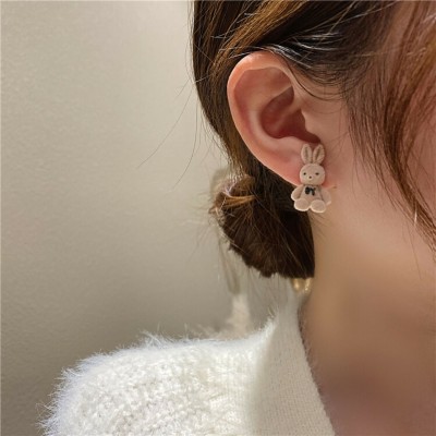 ARyee Ear Studs Silver-Plated Winter Warm Flocking Rabbit Earrings For Women_AWE215 Metal Stud Earring