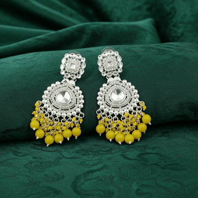 TESSARA Silver Yellow Meenakari Kundan Ethnic Chandbali Drop Earrings For Women & Girls Pearl Alloy Drops & Danglers