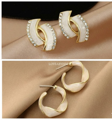 LOVIA BY HM Trendy Gold Plated Huggie Hoop Earrings,AD Studded White Enamel for Women & Girl Zircon, Cubic Zirconia Alloy Stud Earring, Hoop Earring, Earring Set, Rhinestone Studs
