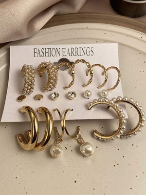 Dressberry Combo 9 Pair Stunning Gold Plated Pearl Pearl Alloy Hoop Earring