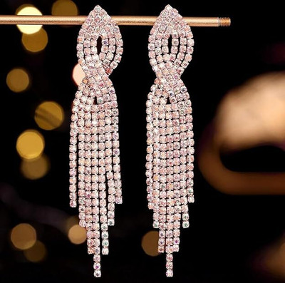 Bawree Rose Gold Dangle Chandelier Long Rhinestone Hanging Drop Sparkle Crystal Metal Stud Earring