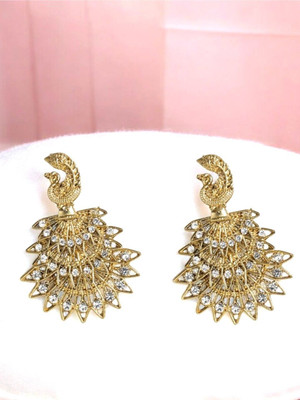 ANOUK Antique Gold-Plated White Peacock Shaped CZ Studded Filigree Drop Earrings Brass Stud Earring