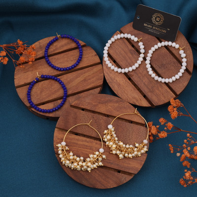 brado jewellery Brado Jewellery Gold Plated Pair Of 3 Hoop Earrings For Women and Girls Pearl, Crystal Alloy Hoop Earring