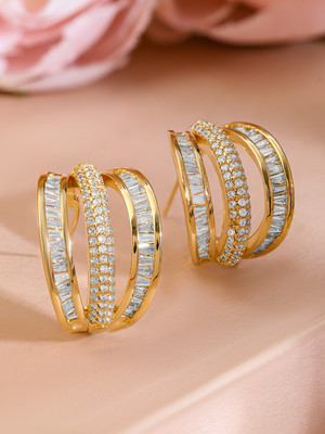 RUBANS Rubans 18K Gold-Plated Cubic Zirconia Studded Triple Band Hoop Earrings Cubic Zirconia Brass Stud Earring