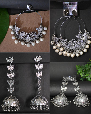 DIVYASHVI FASHION Oxidised Silver Hoop & Jhumka Earrings Combo for Women and Girls Pearl Alloy Jhumki Earring, Chandbali Earring, Hoop Earring