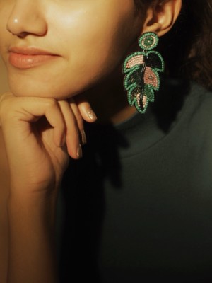 Digital Dress Room Colourful Beaded Leaf Earring Design Stylish Fashion Jewellery For Women Fabric Hoop Earring