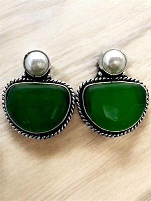 TANSUM COLLECTION Trendy Elegant Monalisa Green Stone Earrings for Women & Girls, Latest Partywear Beads Brass Drops & Danglers