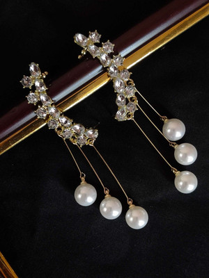 Dressberry Korean Gold-plated Zircon Studded Ear Cuff With Pearl Tassel Earrings 2Pcs/Set Cubic Zirconia Alloy Drops & Danglers