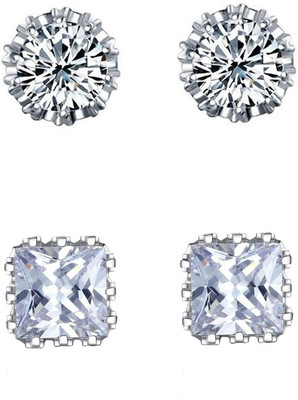 Oomph Combo of 2 Silver Tone Square & Round Cubic Zirconia Delicate Fashion Stud Cubic Zirconia, Crystal, Zircon Alloy Stud Earring