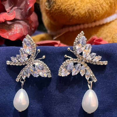 Jewelica Sparkling Butterfly Crystal & Pearl Drop Earrings for Women and Girls Alloy Stud Earring