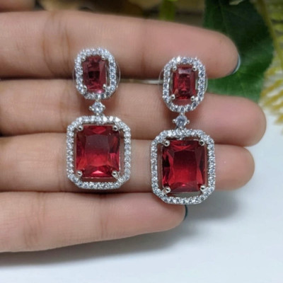 Zoey Red Rhodium-Plated American Diamond Drop Earring Cubic Zirconia Brass Stud Earring, Drops & Danglers