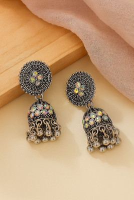 vylora Traditional Oxidized Dome Shaped Jhumka Earrings with Rainbow Stones Alloy Jhumki Earring