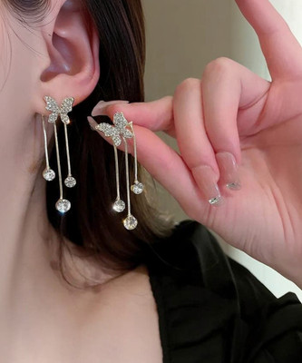 Miraclewood Trending Korean Butterfly Diamond Studded Earring Women & Girl 2 Pcs/Set Cubic Zirconia, Diamond Alloy Drops & Danglers, Hoop Earring, Stud Earring, Jhumki Earring, Earring Set