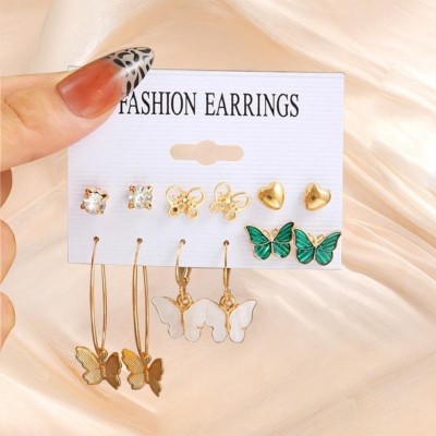 Vembley Combo of 6 Pair Heart Stone Butterfly Earrings For Women And Girls Alloy Hoop Earring