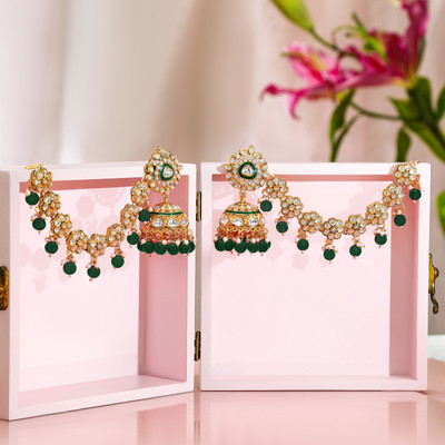 RUBANS Rubans 22K Gold-Plated Kundan Studed Kan Chain Earringwith Green Beads & Enamel Brass Ear Thread