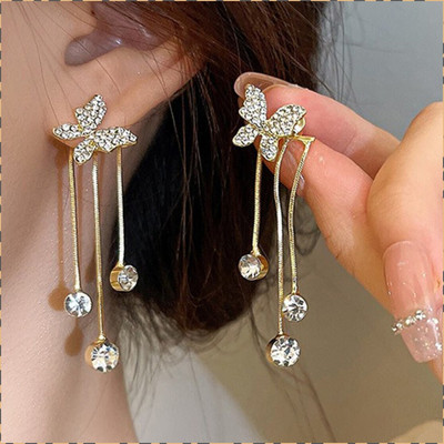 Vembley Korean Studded Butterfly Tassels Drop Earrings For Women/Girls Cubic Zirconia Alloy Drops & Danglers