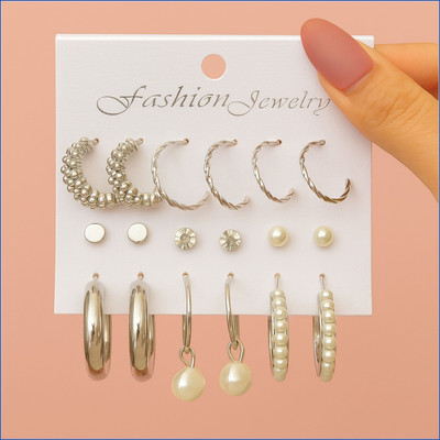 VIDALI Combo Of Silver Plated 9 Pair Pearl, Stone, Hoops, And Stud Earrings Pearl Alloy Hoop Earring