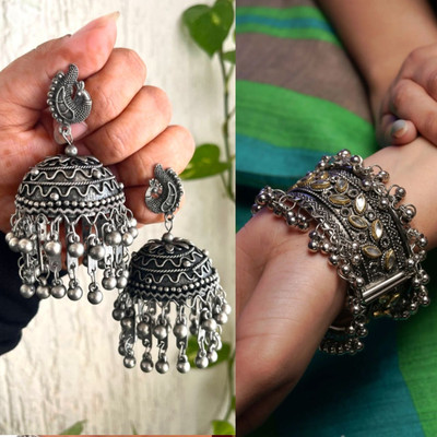 Ashir Combo of 2 Jhumki Jhumka Earrings and Cuff Bracelet Bangles for Women and Girls Alloy Jhumki Earring
