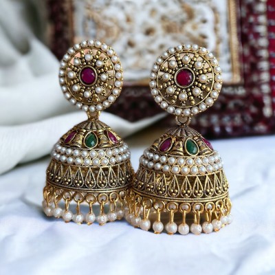 Krishna Creation Traditional Ethnic Pearl Studded Gold Platted Oxidized Jhumka Earrings Alloy Jhumki Earring