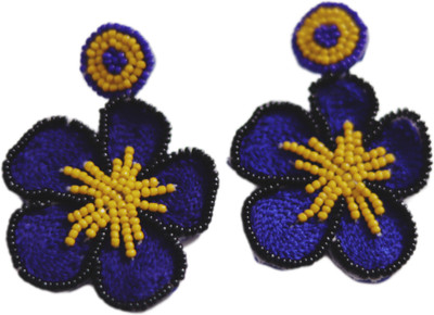 pankhcreation Handcrafted Seed Bead Floral Earrings – Elegant Blue and Yellow Flower Design Beads Fabric Stud Earring