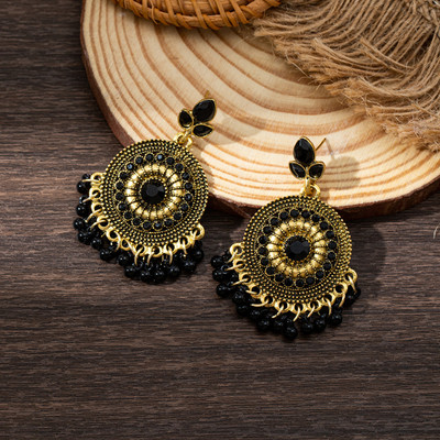 Dhrti Bling Vintage Antique Gold Black Beaded Chandelier Earrings Crystal Metal, Stone, Alloy Drops & Danglers, Chandbali Earring, Jhumki Earring