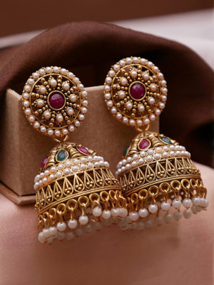 TINALIVA Traditional Ethnic Pearl Gold Platted Big Oxidize Jhumka Set Pearl Alloy Jhumki Earring, Drops & Danglers, Chandbali Earring