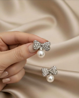 Jo Liora Elegant Bow Design Pearl Stud Earrings for Women & Girls Alloy Stud Earring