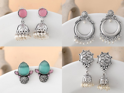 DASTOOR Combo of 4 Oxidised Silver Stylish Chandbali, Pink Jhumka, Turquoise Stud Beads Alloy Stud Earring, Jhumki Earring
